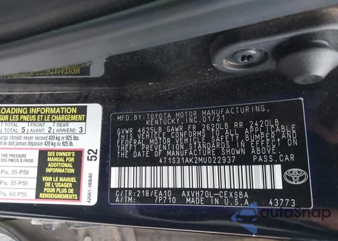 2021 Toyota Camry Se Hybrid z USA, uszkodzony, nr VIN 4T1S31AK2MU022937